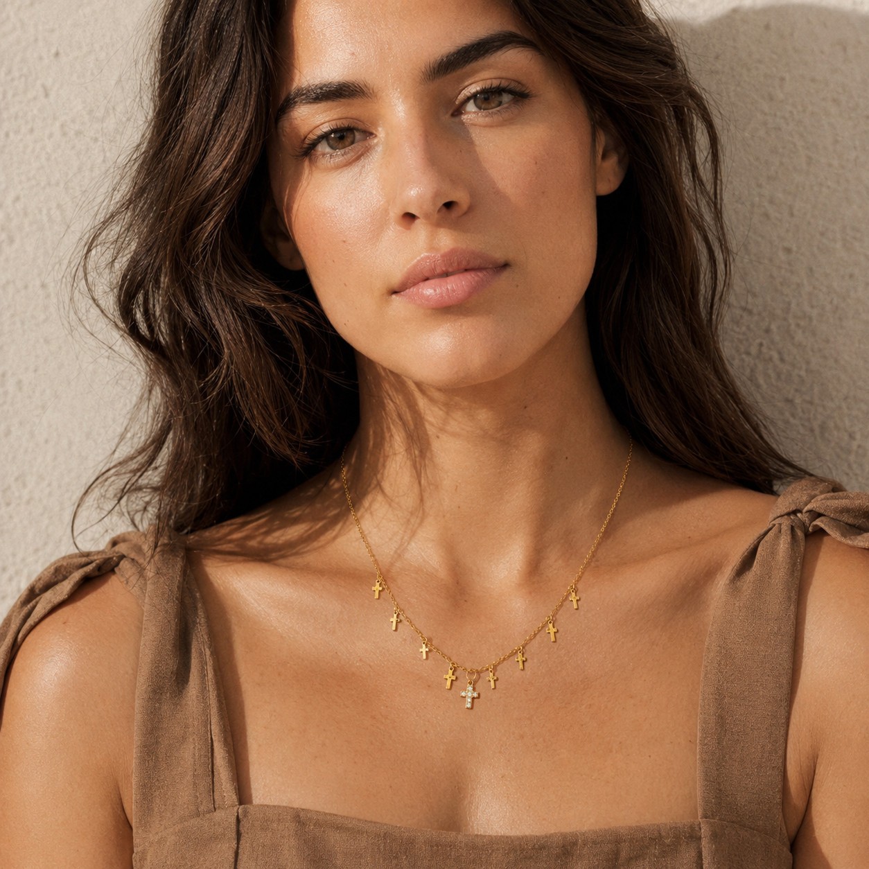 Gold 9 Cross Charm Necklace Women CZ Pendant Stainless Steel PVD Plated Gift