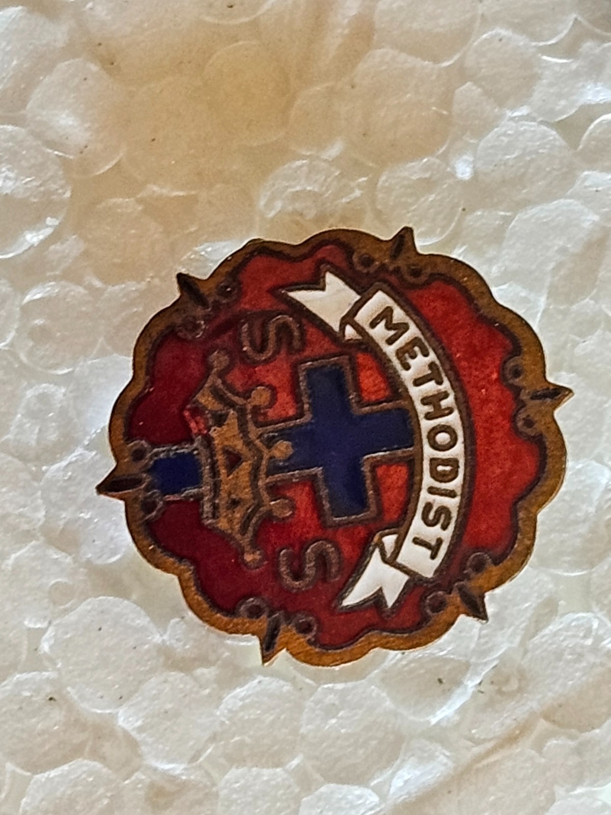 Lapel Pin, Vintage Methodist Sunday school Pin, Logo consist of Cross and flame