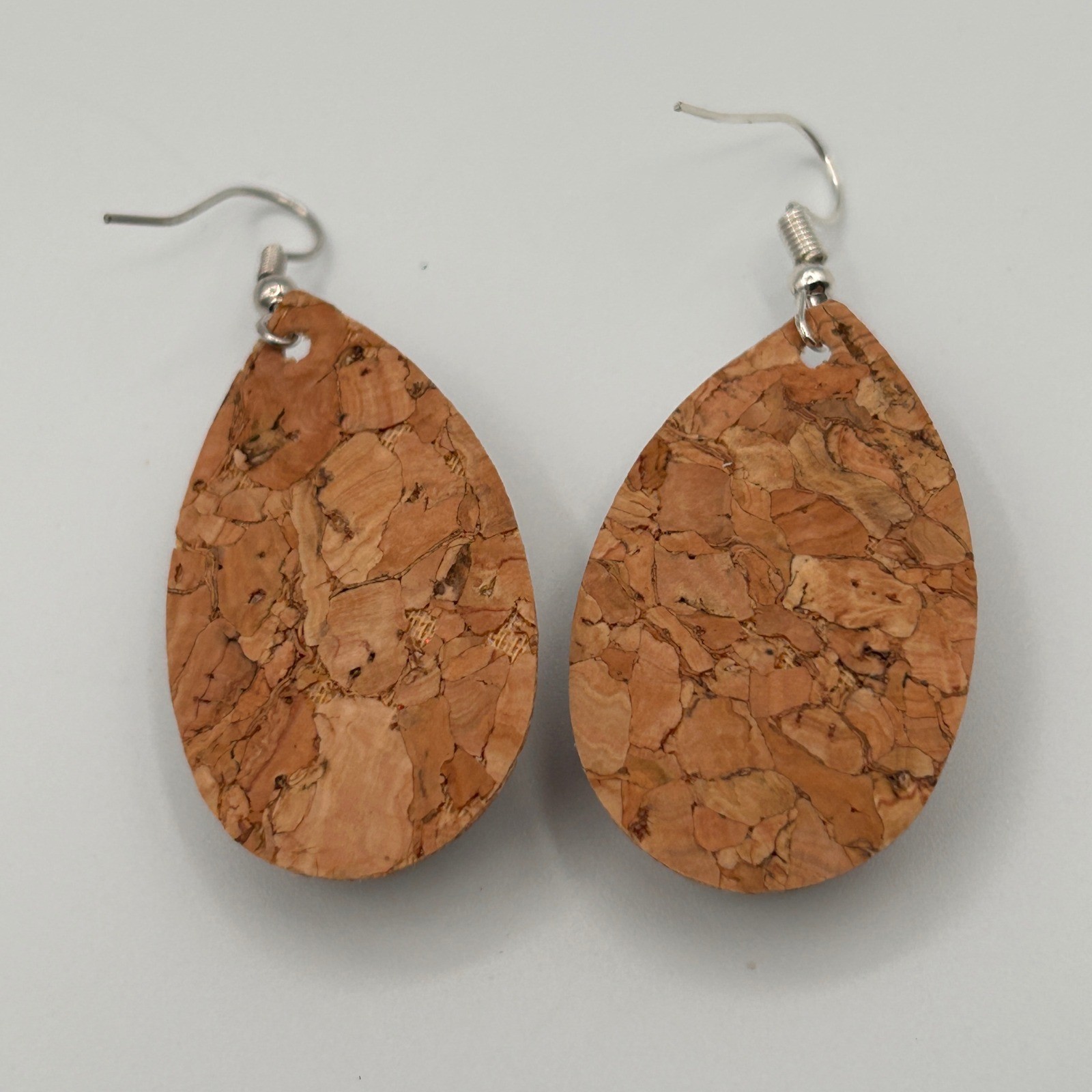 Boho Cork Teardrop Earrings Silver Filigree Layered Patterned Wood Dangle 1.75″