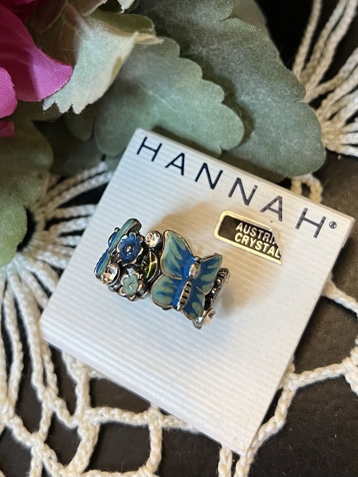Hannah NWT Blue Butterfly Enameled Floral Austria Crystal Stretch Cocktail Ring