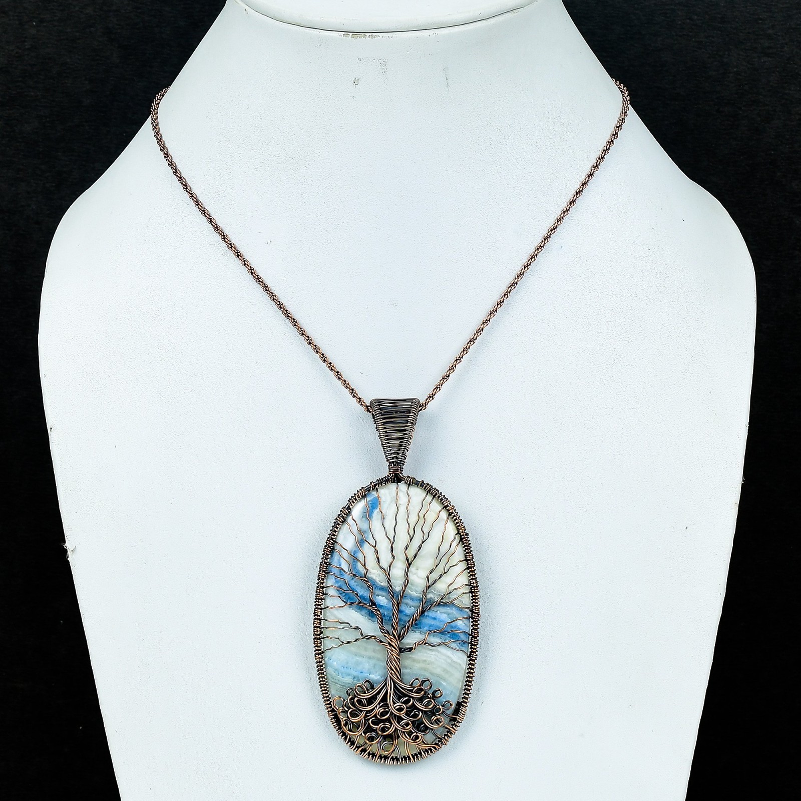 Blue Scheelite Handmade Gemstones Copper Wire Wrap Tree Of Life Pendant Jewelry