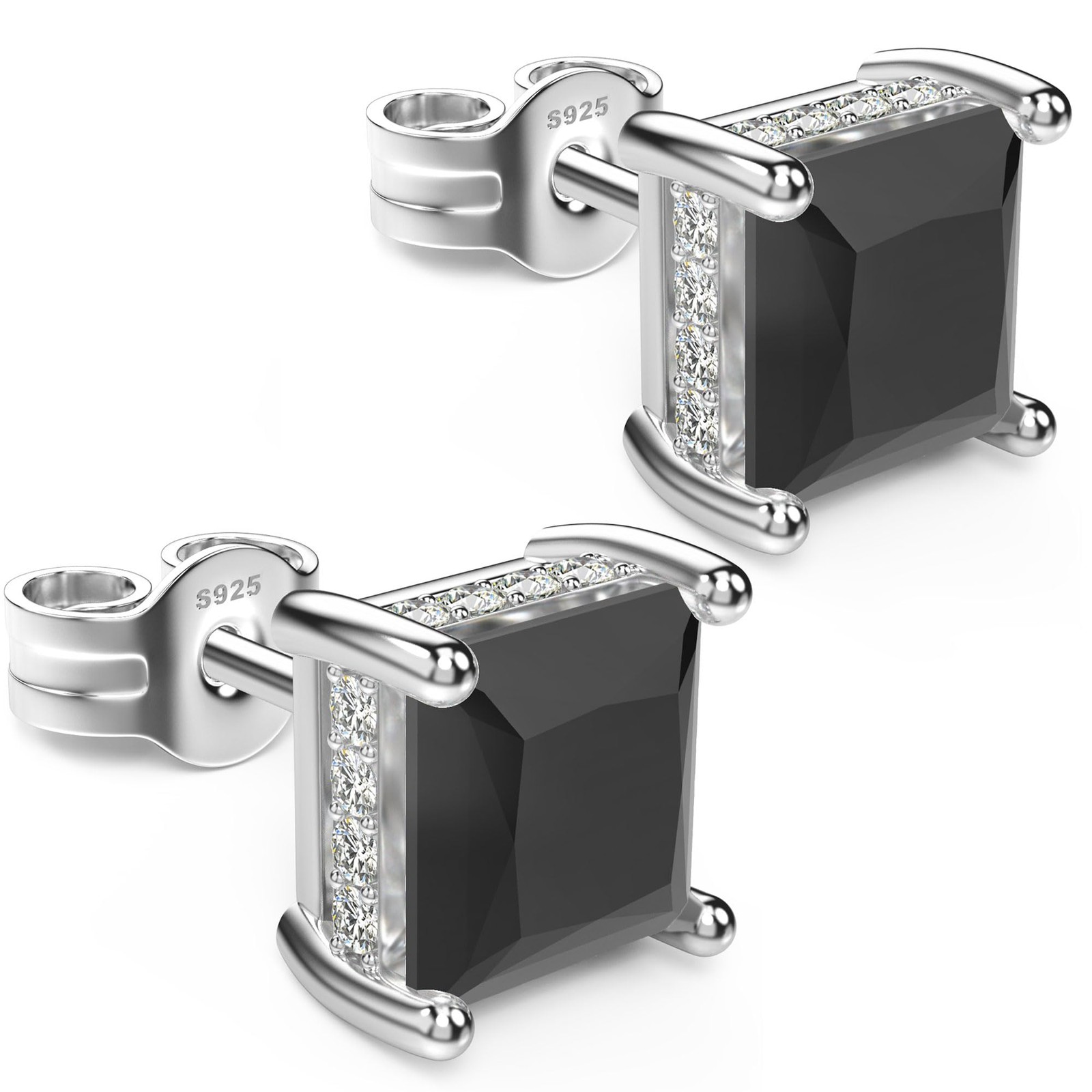 18K White Gold Plated Sterling Silver Princess Cut Cubic Zirconia Stud Earrin…