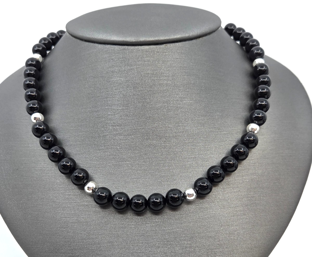 Black Onyx 8.5 mm and 925 sterling silver Beaded Ball Chain Necklace 18 inch