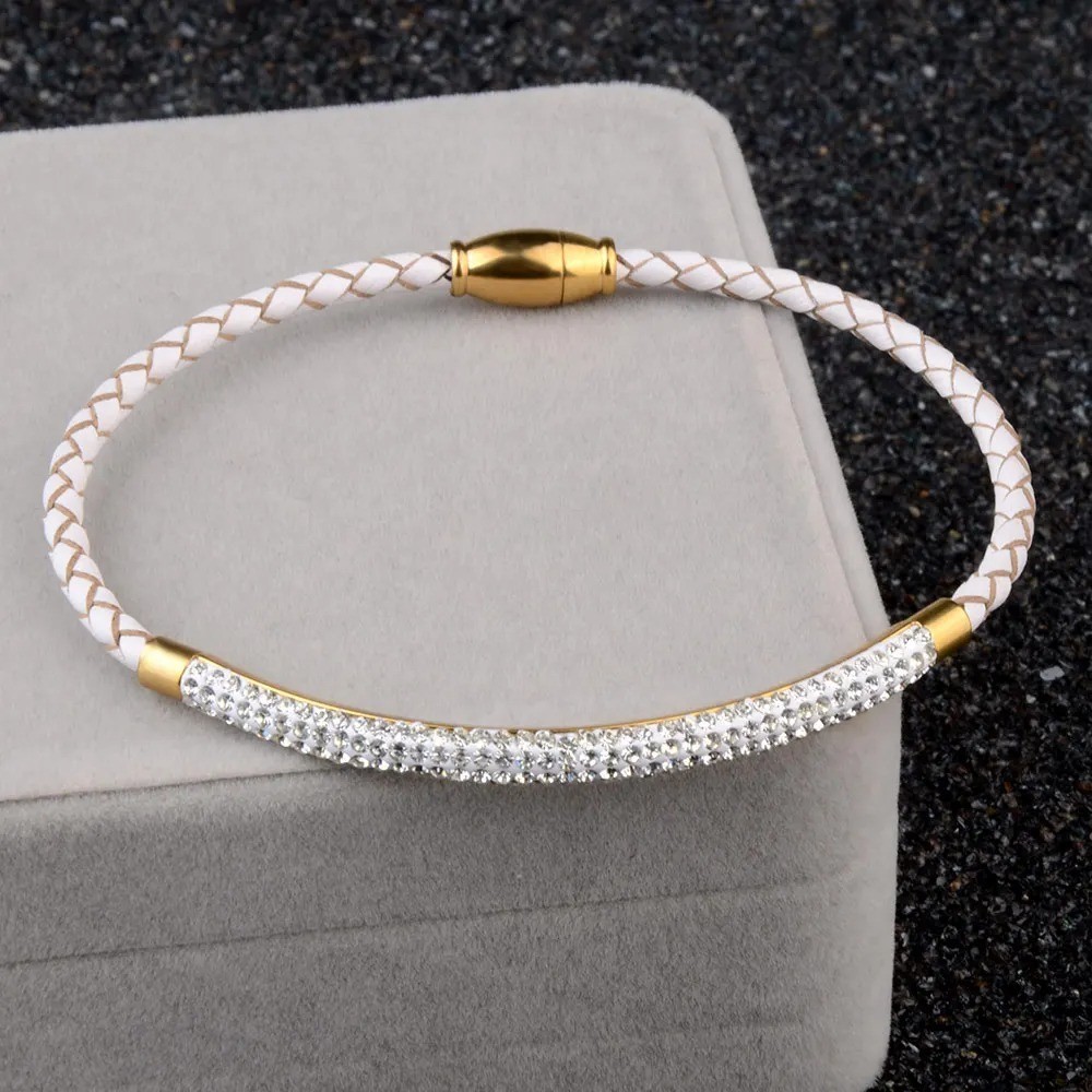 Stainless Steel Leather Bracelet Rhinestone Crystal Bangle with Magnetic Clasp