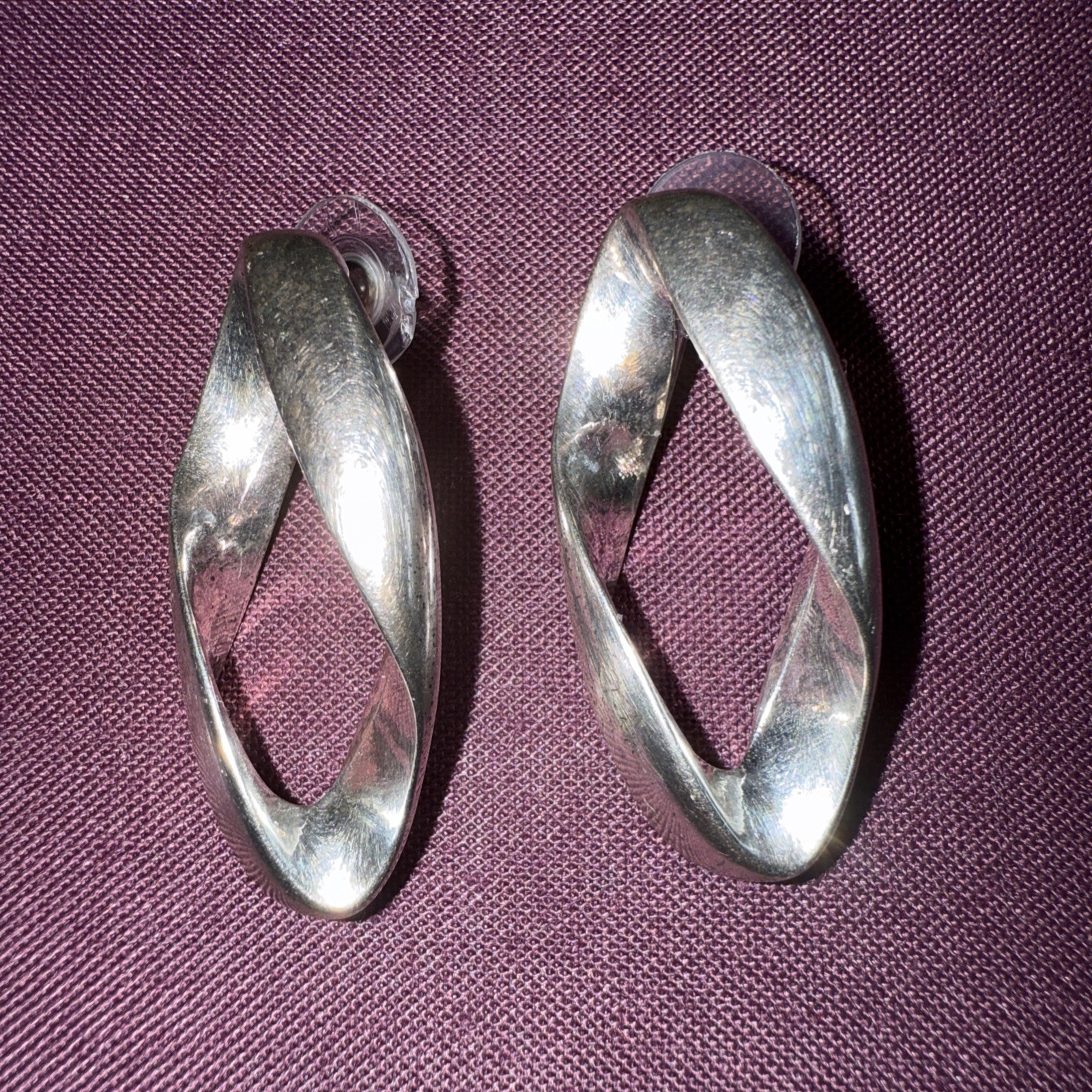 Modern Designed Silvertone Stud Earrings 4cm Long