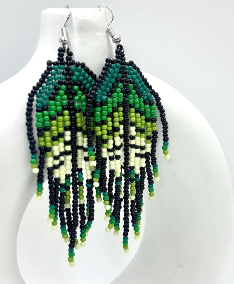 Nature-Inspired Green Gradient Leaves Hand Beaded Tassel Dangle Earrings New
