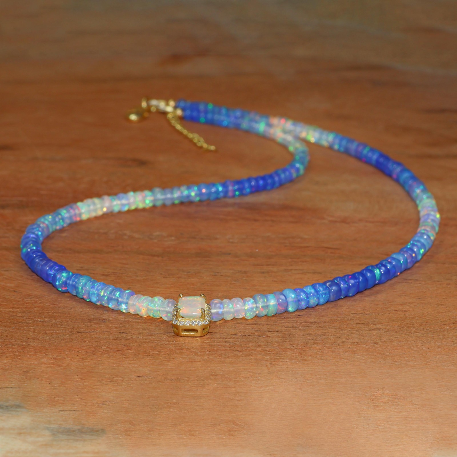 Blue Shaded Opal Smooth Bead Charm Necklace, Genuine Octagon Opal Charm Necklace