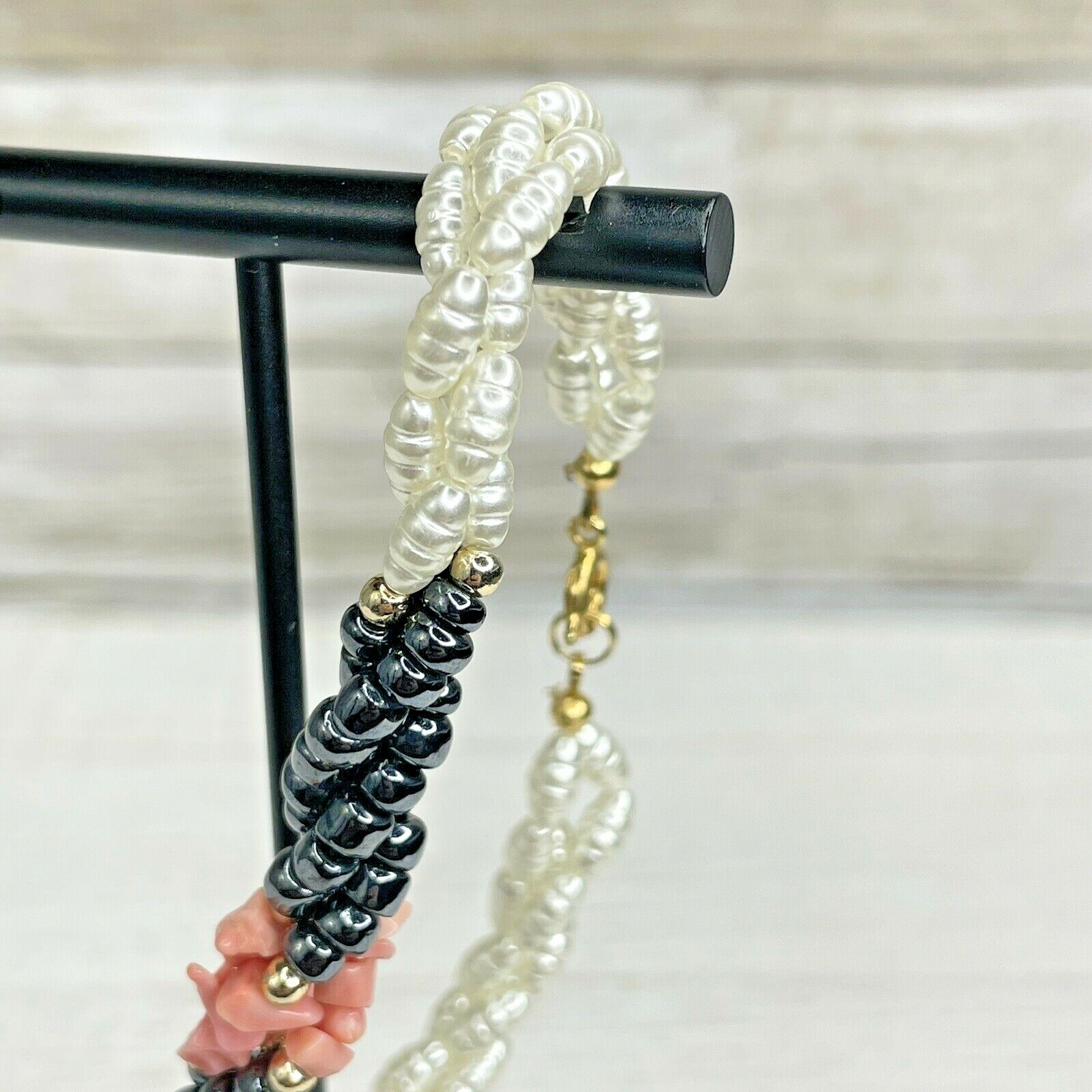 Coral Pink White Black Faux Pearl Bead Bracelet
