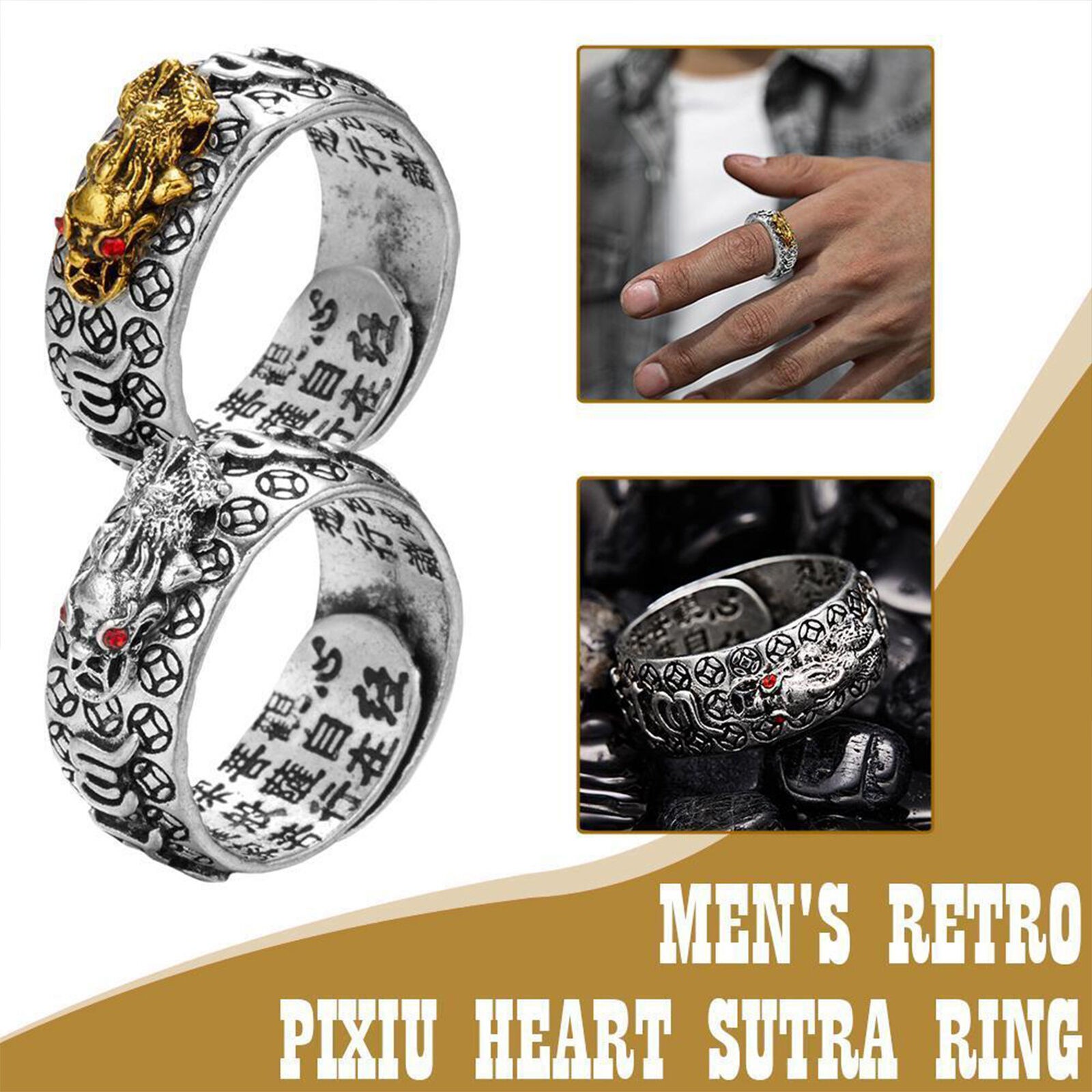 Auspicious Feng Shui Pixiu Ring Adjustable Ring Buddha Charm Ring Silver Gold US