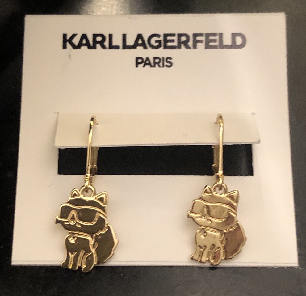 Karl Lagerfeld Polished Gold Tone Choupette Wearing Sunglasses Drop Earrings NWT