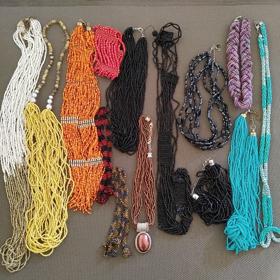 Lot 12 Seed Bead Necklaces 2 Bracelets Wear Craft Take Apart Asst. Colors Sizes