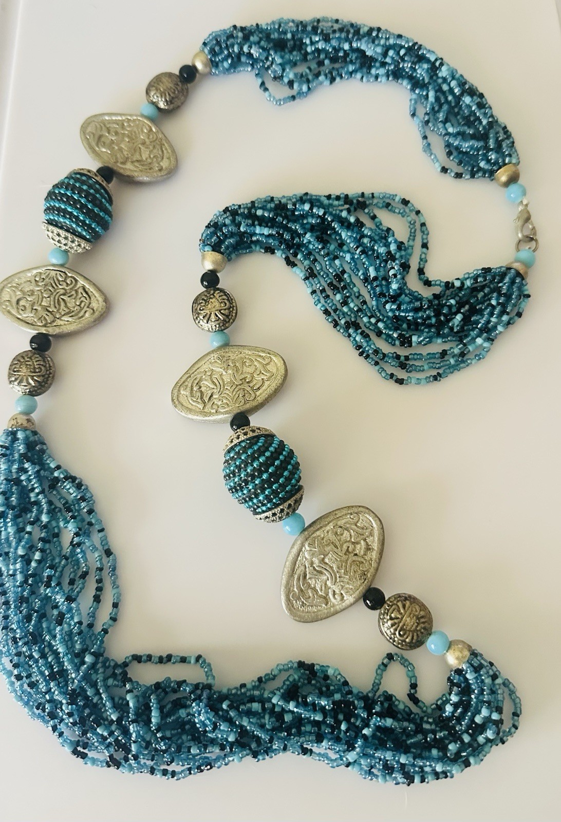 Multi Strand Blue Seed Bead 36 In Statement Necklace Silver Tone Artisan Boho