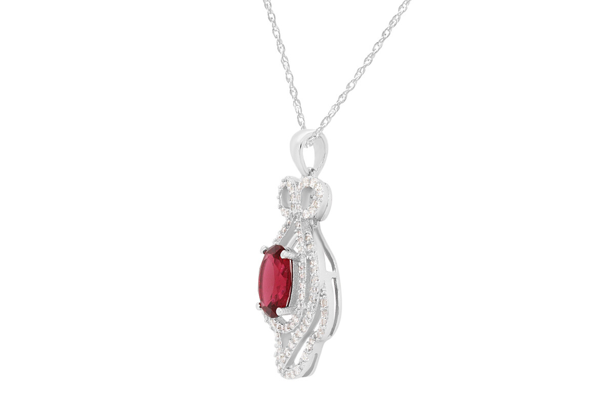 Ruby & Cubic Zirconia Pendant and Dangle Earrings Set 14K White Gold Plated