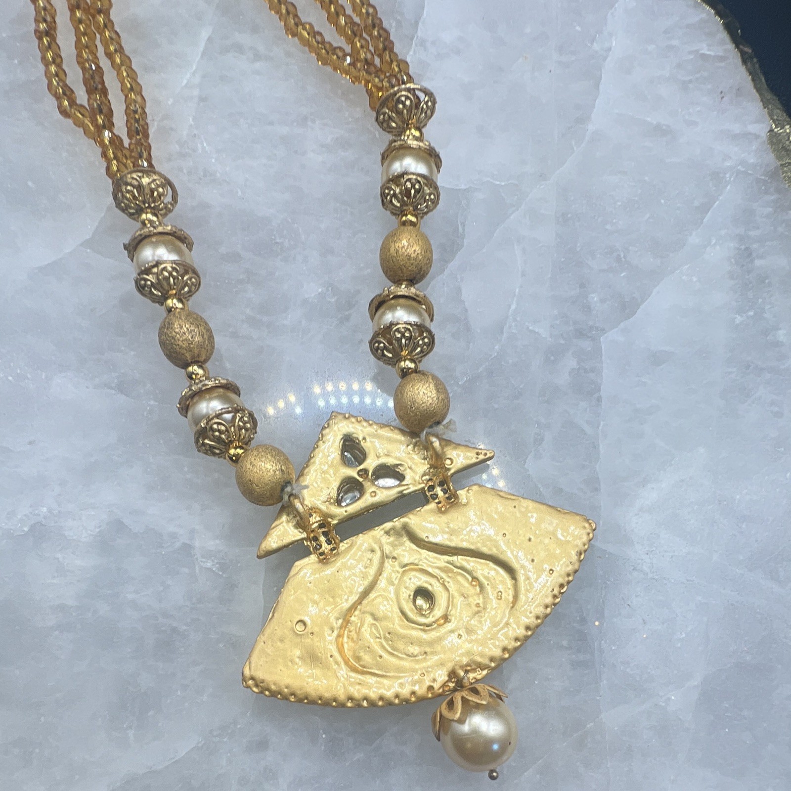 Gold Tone Multi-Strand Beaded Necklace, Fan Pendant, Simulated Pearl, Crystal