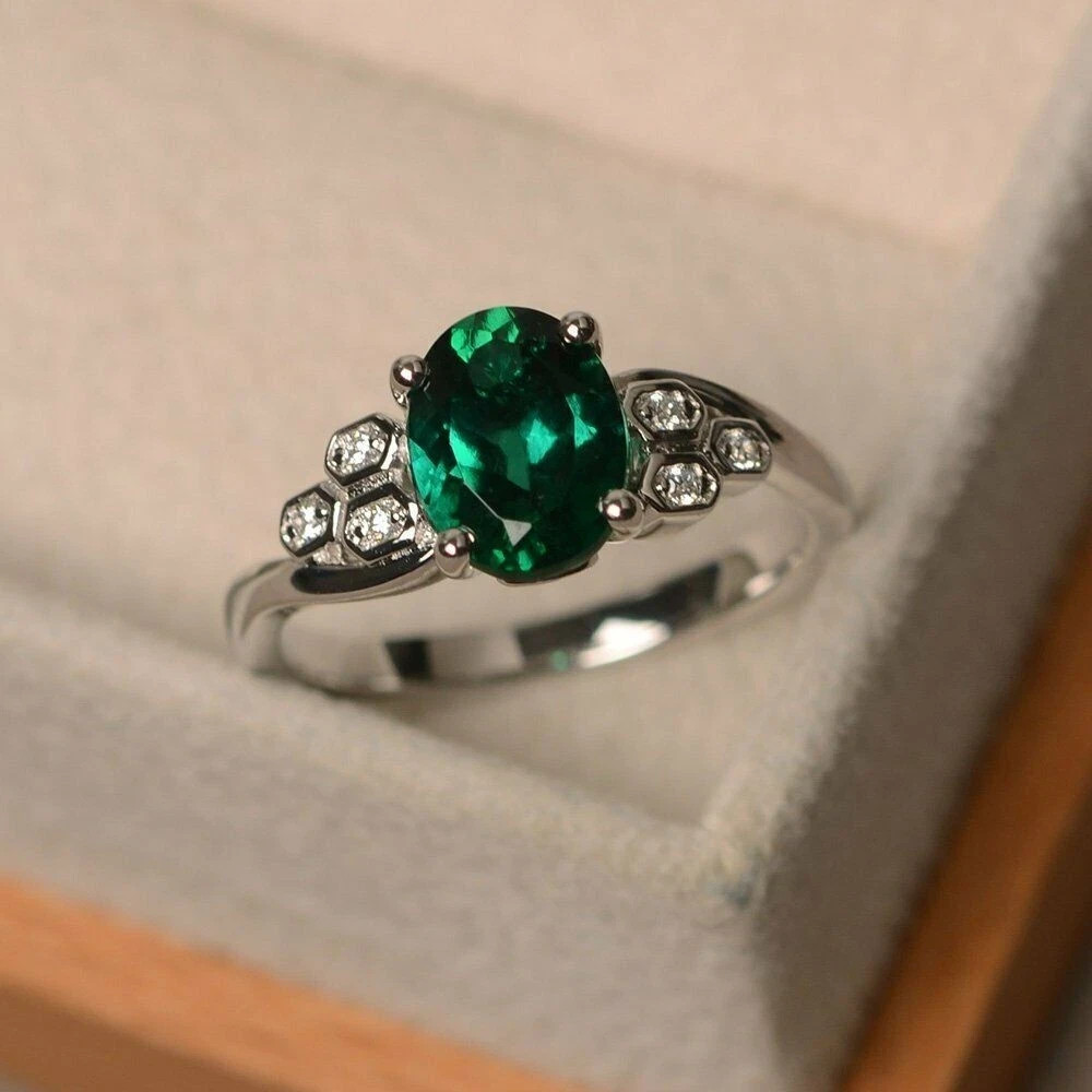 2Ct Oval Cut Green Emerald Women Wedding Cluster Ring 14K White Gold Plated