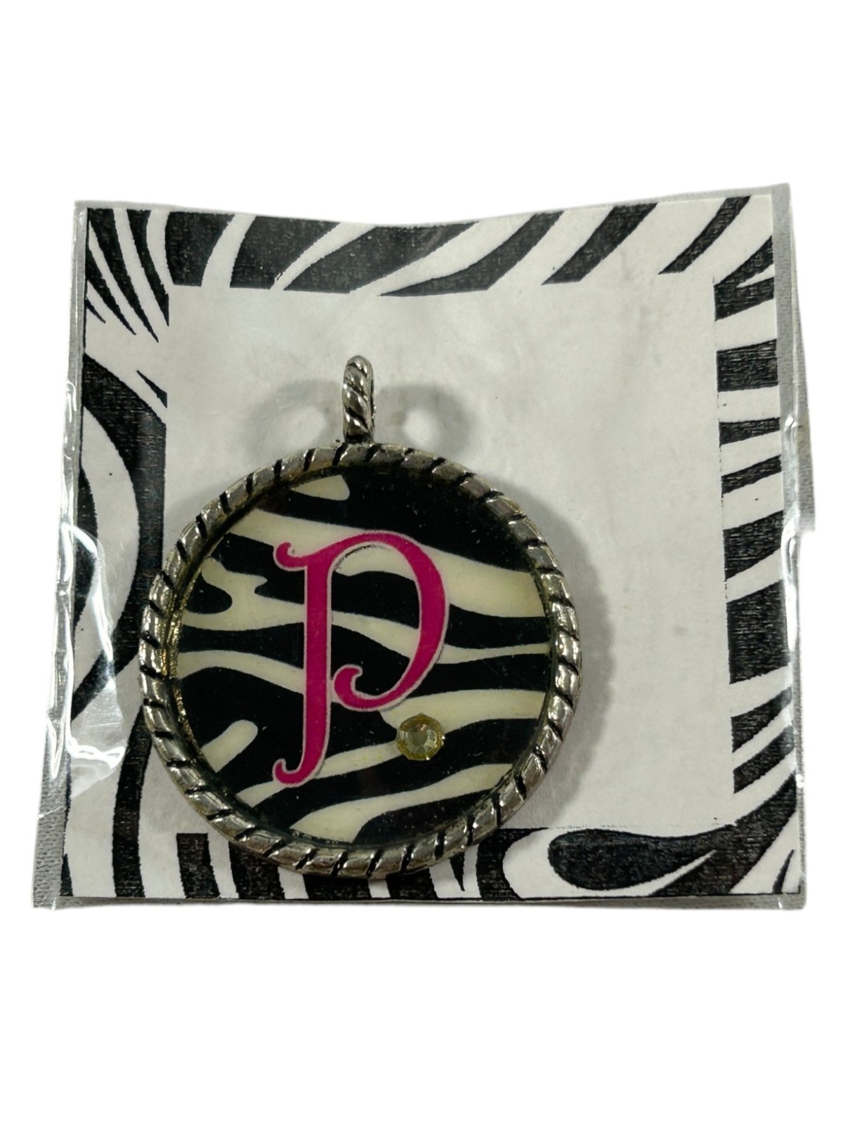 Initial P Zebra Print Pendant Pink Letter Charm Round Rhinestone Silver Tone
