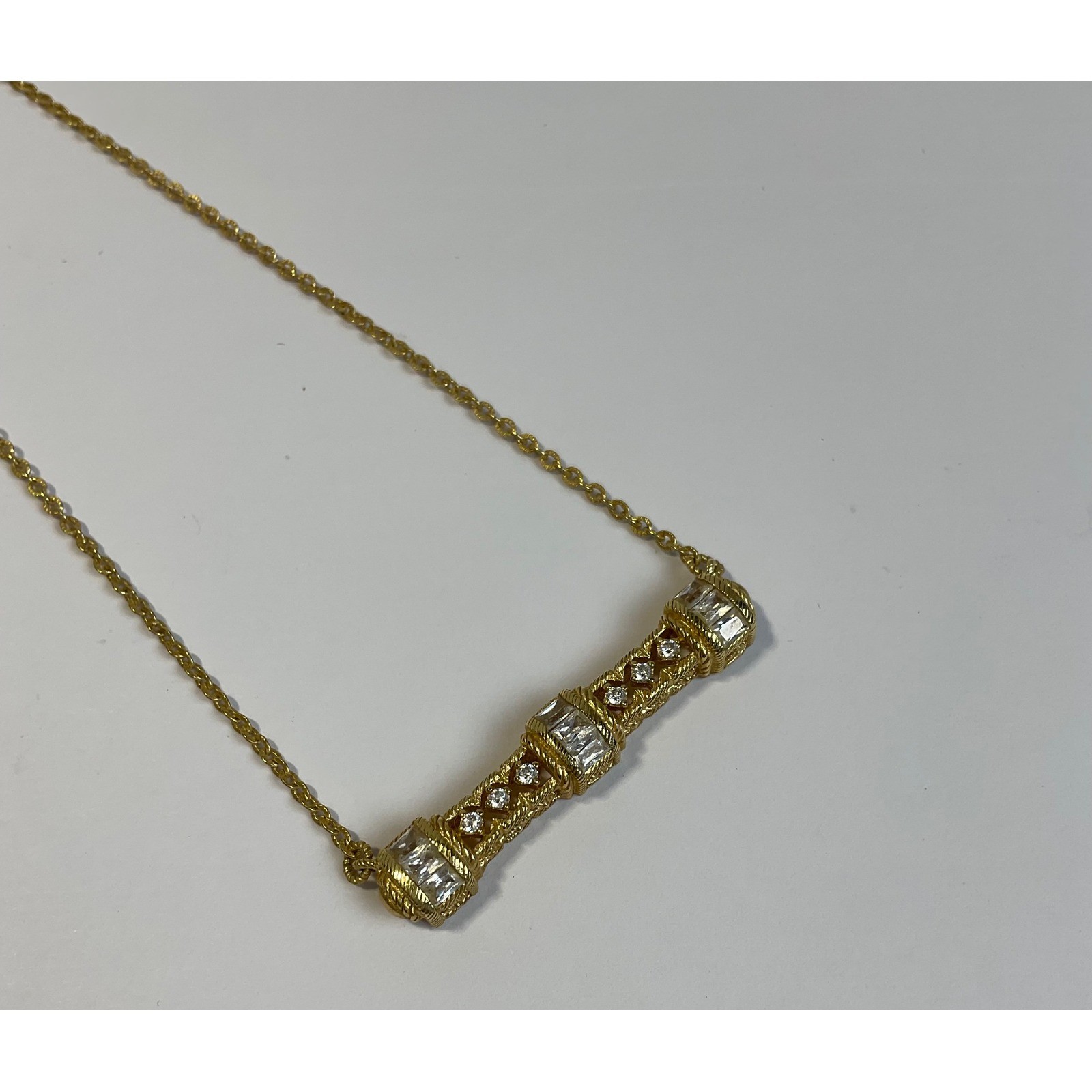 Judith Ripka Gold Tone Baguette Crystal Bar Pendant Necklace 18-19.5in
