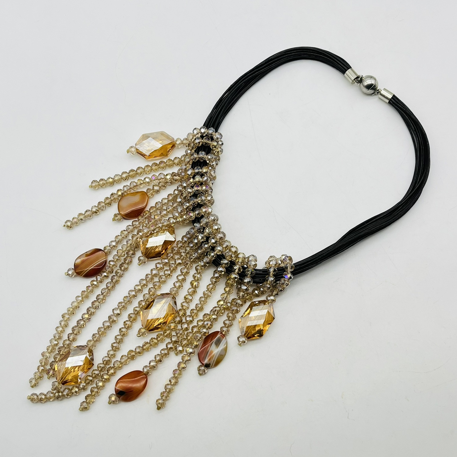 Tassel Necklace Multi Strand Bead Fringe Statement Bib Champagne Crystal 14″