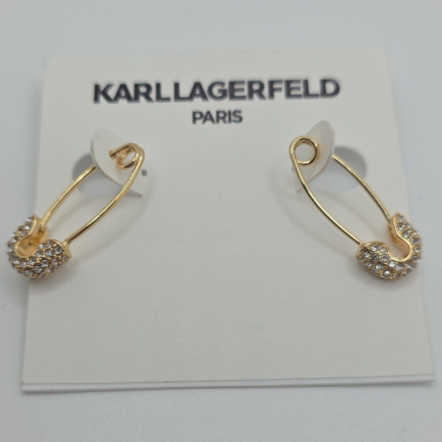 Karl Lagerfeld Gold Tone Crystal Safety Pin Dangle Drop Earrings Lobe Jewelry