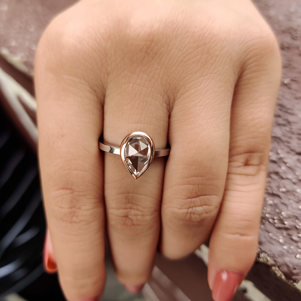 2.11 CT Pear Rose Cut Moissanite Engagement Ring | Two Tone Bezel Set Solitaire