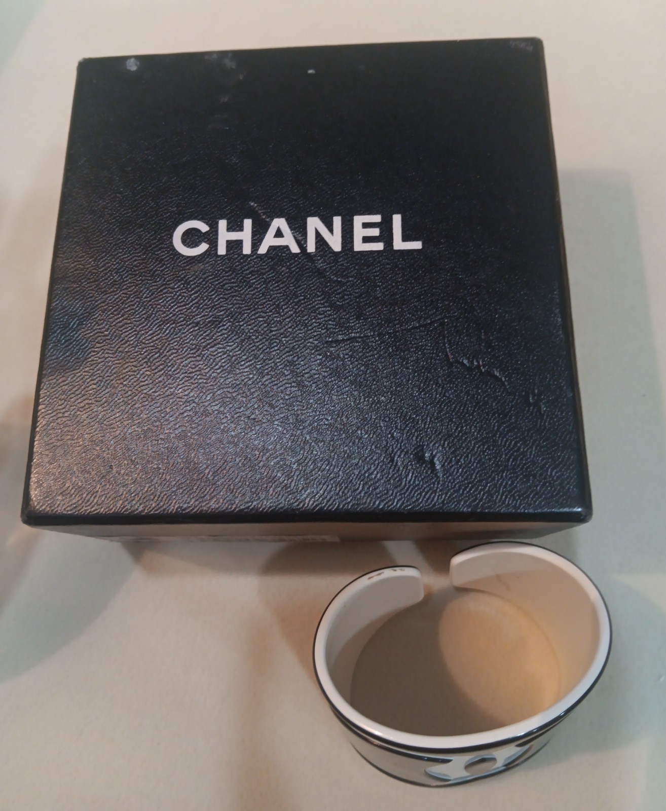 Vintage CHANEL CC Logo Black White Resin Wide Cuff Bracelet With Original Box
