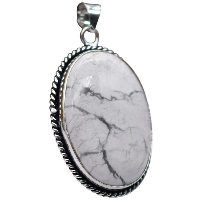 Howlite Natural Gemstone Antique Silver Plated Pendant 2.25″ J 1630