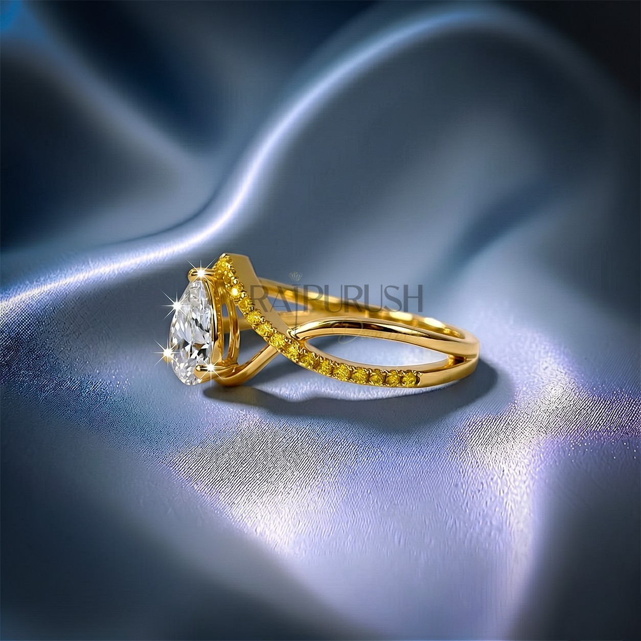 14K Yellow Gold Plated Pear Cut Moissanite Engagement Ring Twisted Silver Bridal
