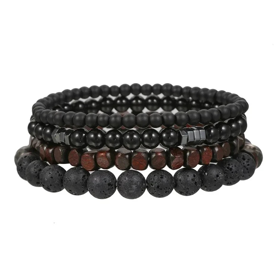 4pcs Black Stone & Wood Bead Elastic Bracelet Set for Men Women