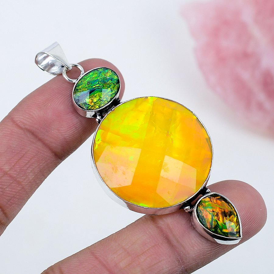 Color Enhanced Opal Tripplet 925 Silver Plated Handmade Pendant of 2.8″