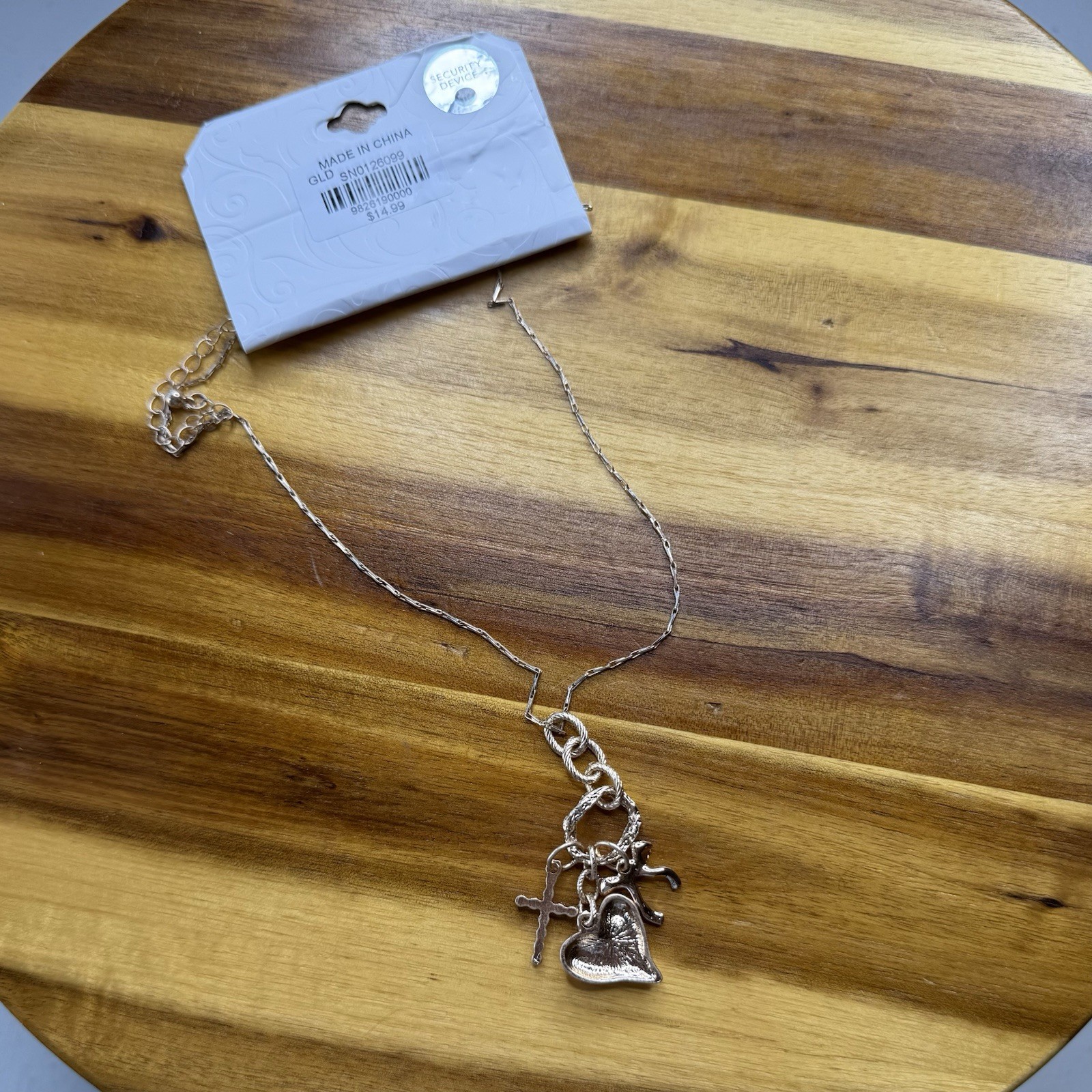 BKE Gold Tone Multi Charm Pendant Necklace Heart Cross Bow 15” + 3” Extender