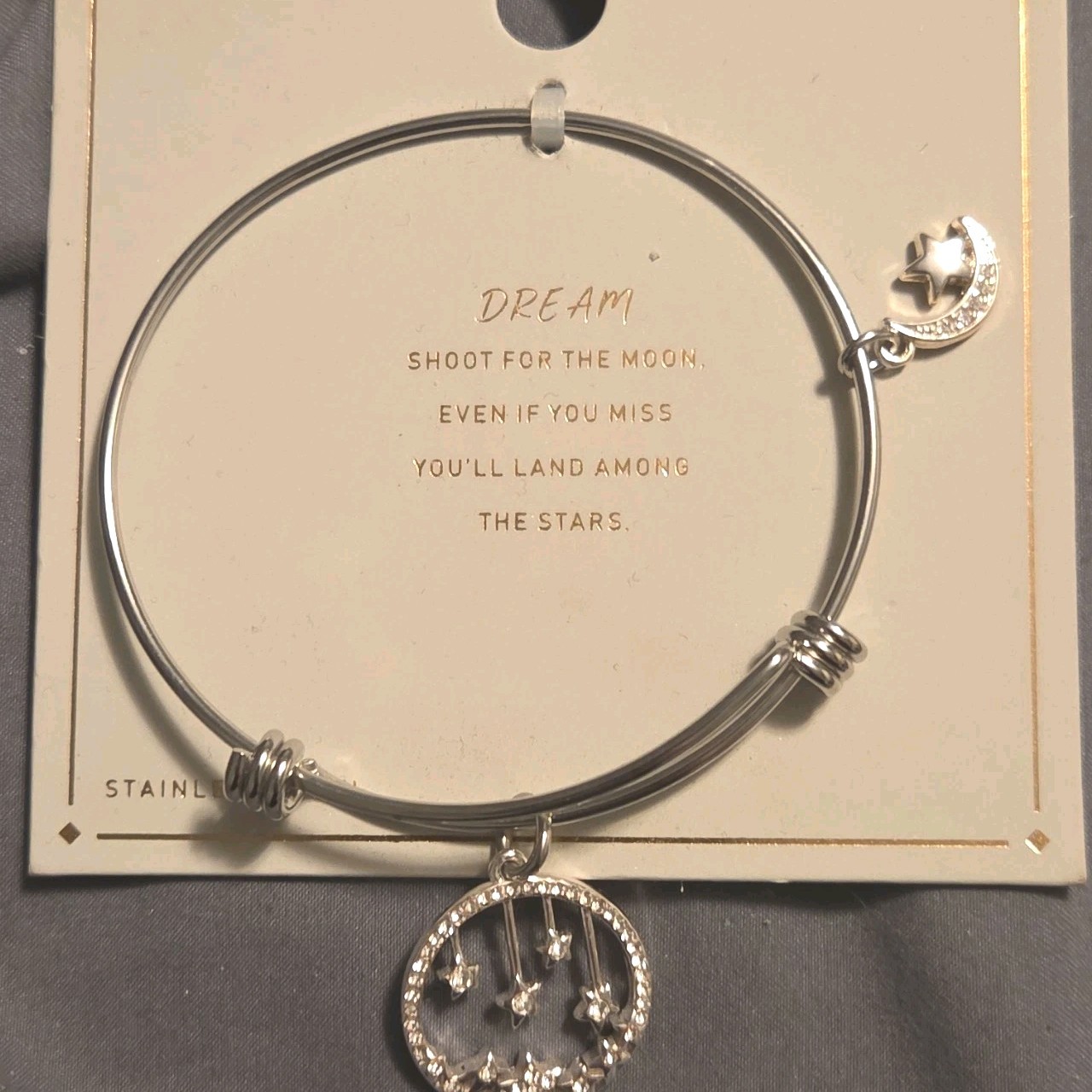 Silver Tone Stainless Steel Moon & Stars Dangle Charm Bangle Bracelet
