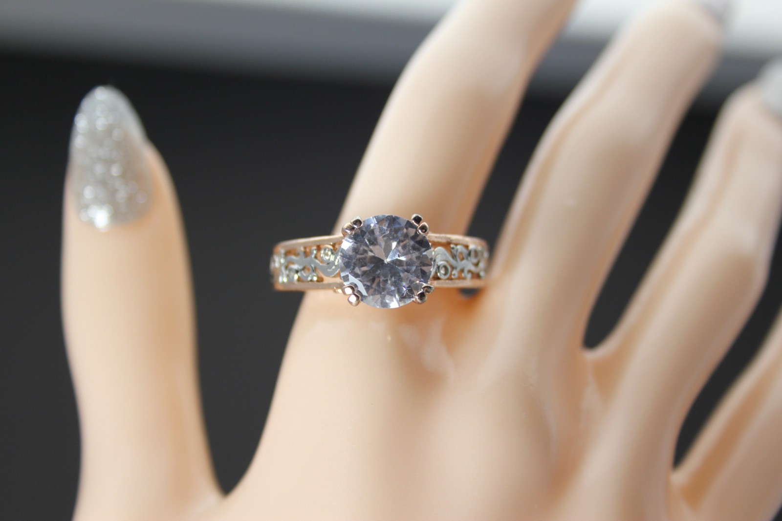 Rose Gold Plated Sterling CZ Filgree Design Size 10.25 Ring 5.8 Grams RIN9781