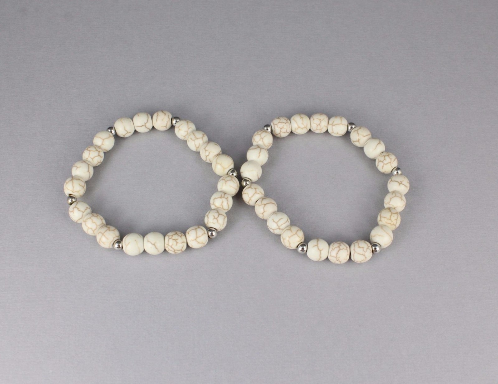 set 2 Cream Silver bracelets bead stretch beaded bracelet 8 mm bead size