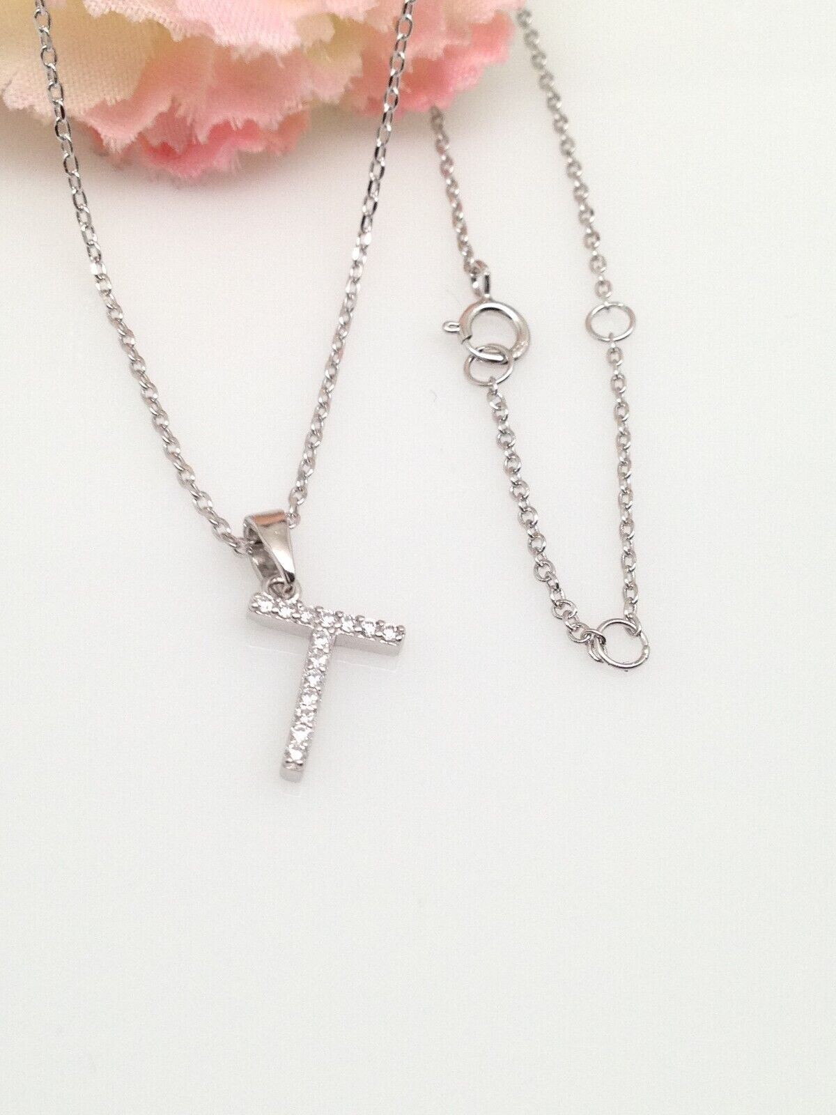 925 Sterling Silver CZ Initial Letter T Pendant Necklace Tiny 9.5mm 16-18″ Women
