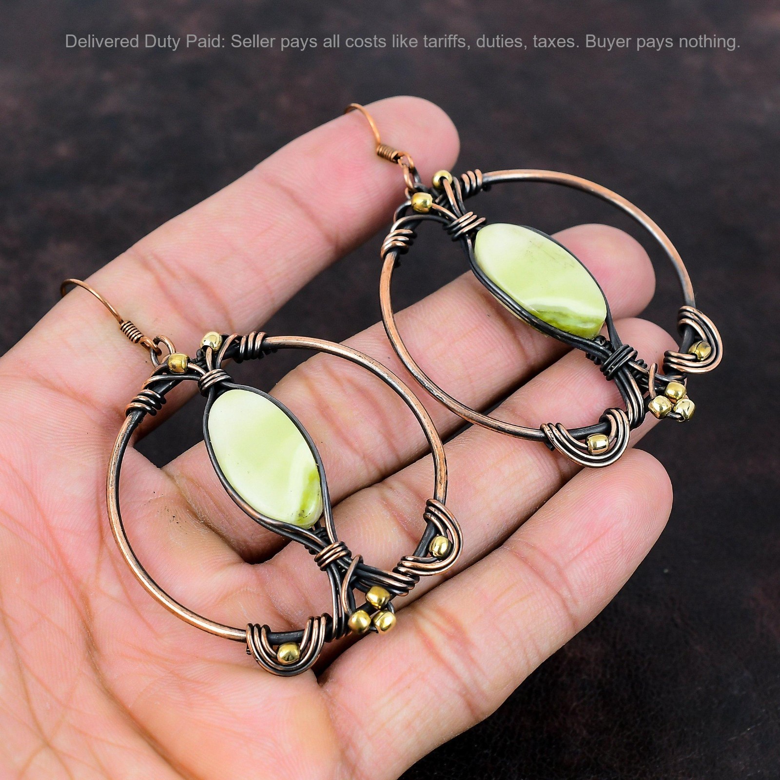 Oval Serpentine Stone Copper Dangle Drop Wire Wrapped Birthday Earrings Jewelry