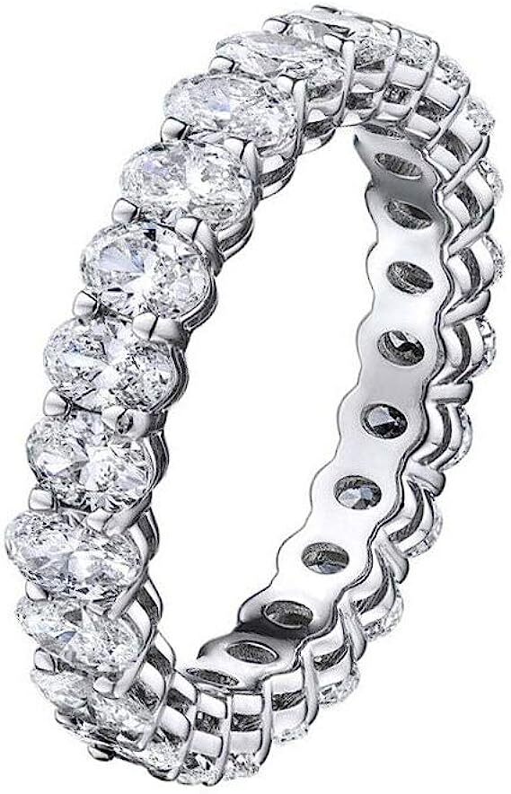 18k White Gold Plated 6MM Cubic Zirconia Oval Cut Eternity Ring Band For Women