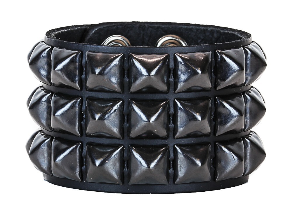 Three Row Black Pyramid Stud Leather Punk Goth Club Rockabilly Studded Bracelet
