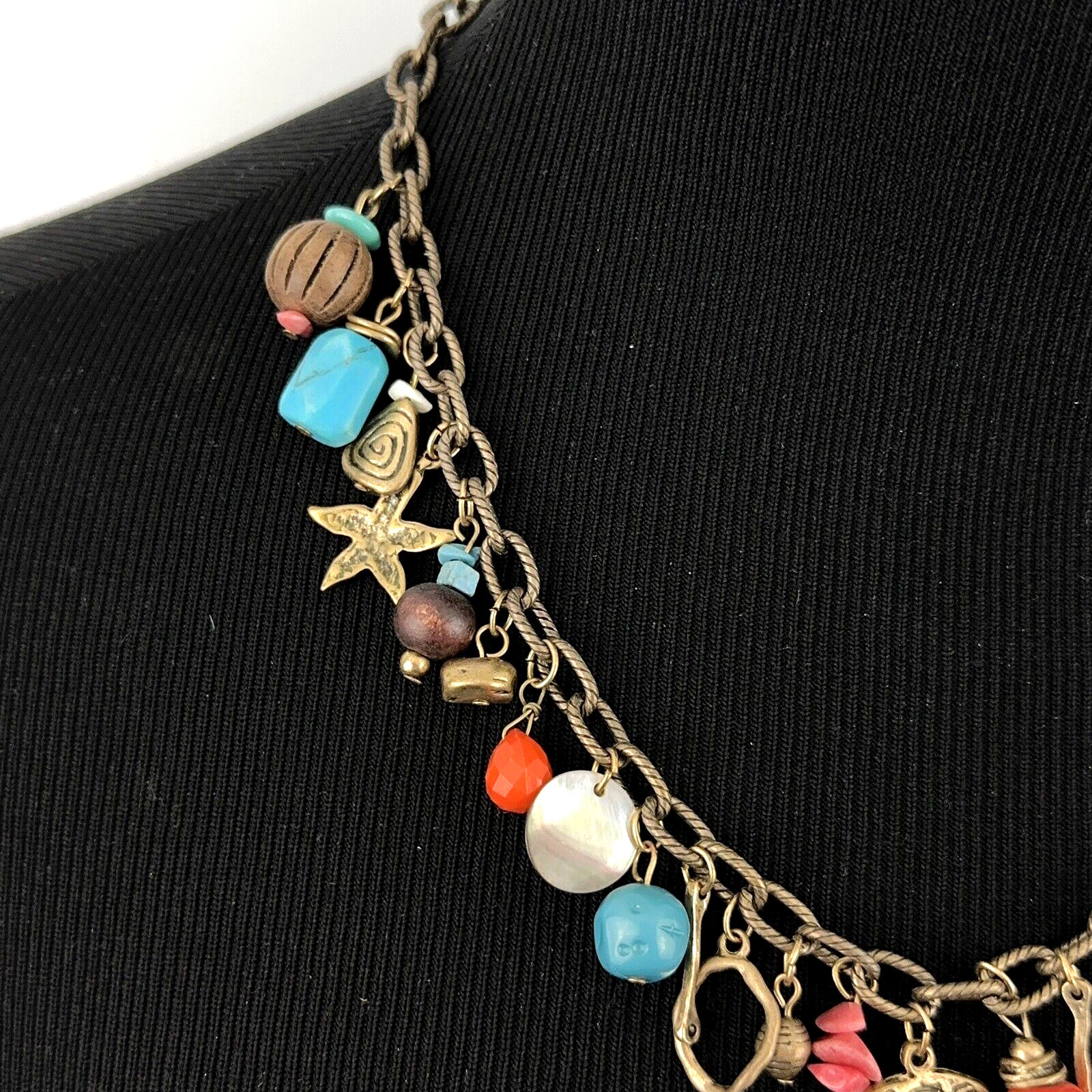 COLDWATER CREEK necklace w/ beach charms – 20″ mixed material sea life dangle