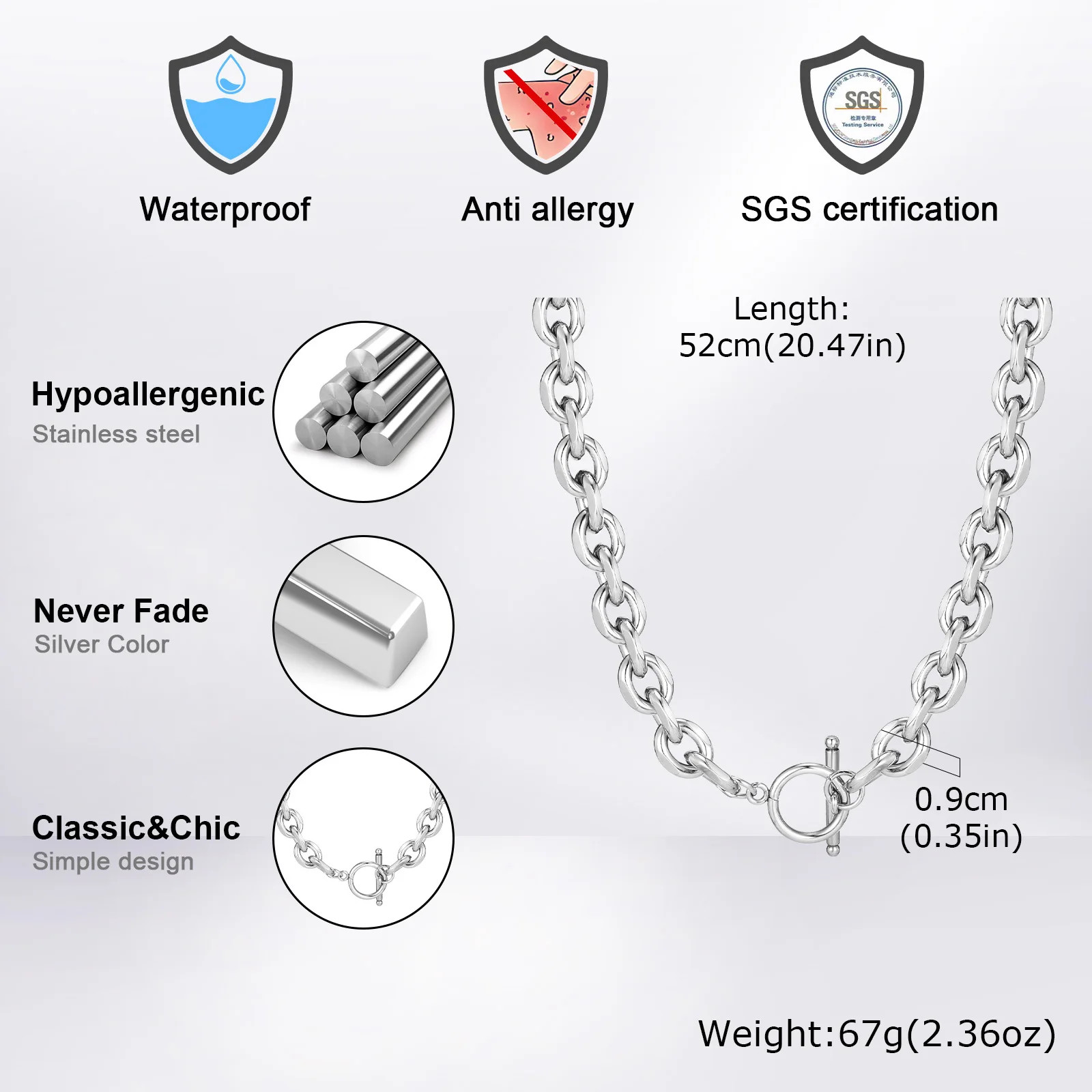 Vnox 9mm Chunky Chain Necklace for Men Women, Thick Rolo Link Chain Collar, Togg