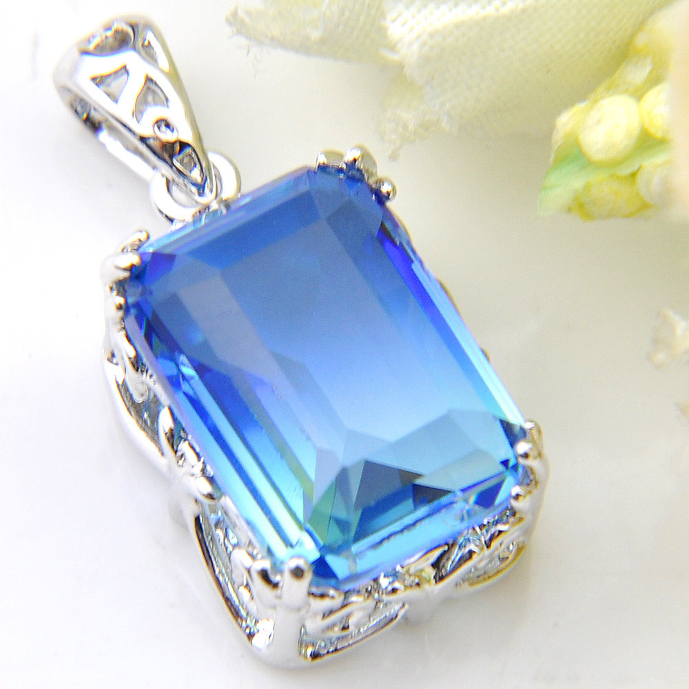 Holiday Handmade Rectangle Sky Blue Bi-color Tourmaline Silver Necklace Pendants