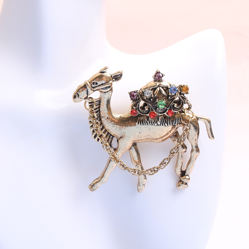 Exotic Travel Inspired Camel Brooch Rhinestones Gold Accents Perfect Accessory