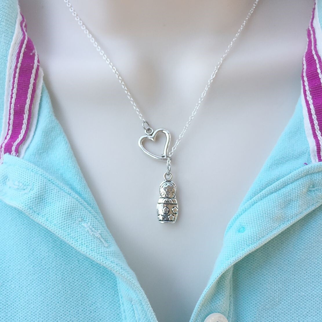 Russian Matryoshka Doll Silver Lariat Y Necklace.