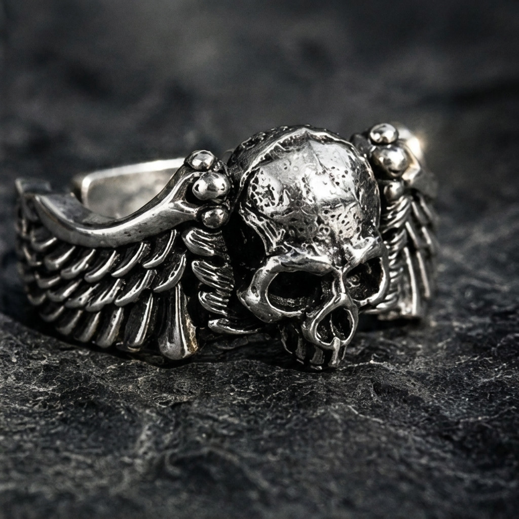 Skull Wings Biker Ring Men Women Gothic Punk Open Adjustable Band