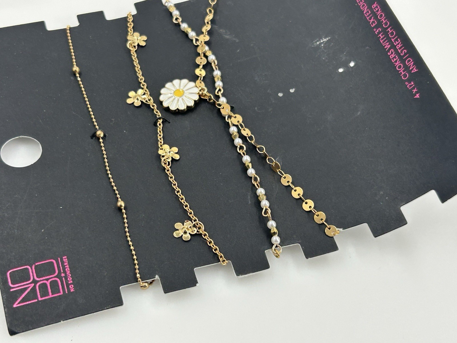 Set of 4 NO BOUNDARIES 12″ Chokers w/ Extenders Gold Tone White Faux Pearl