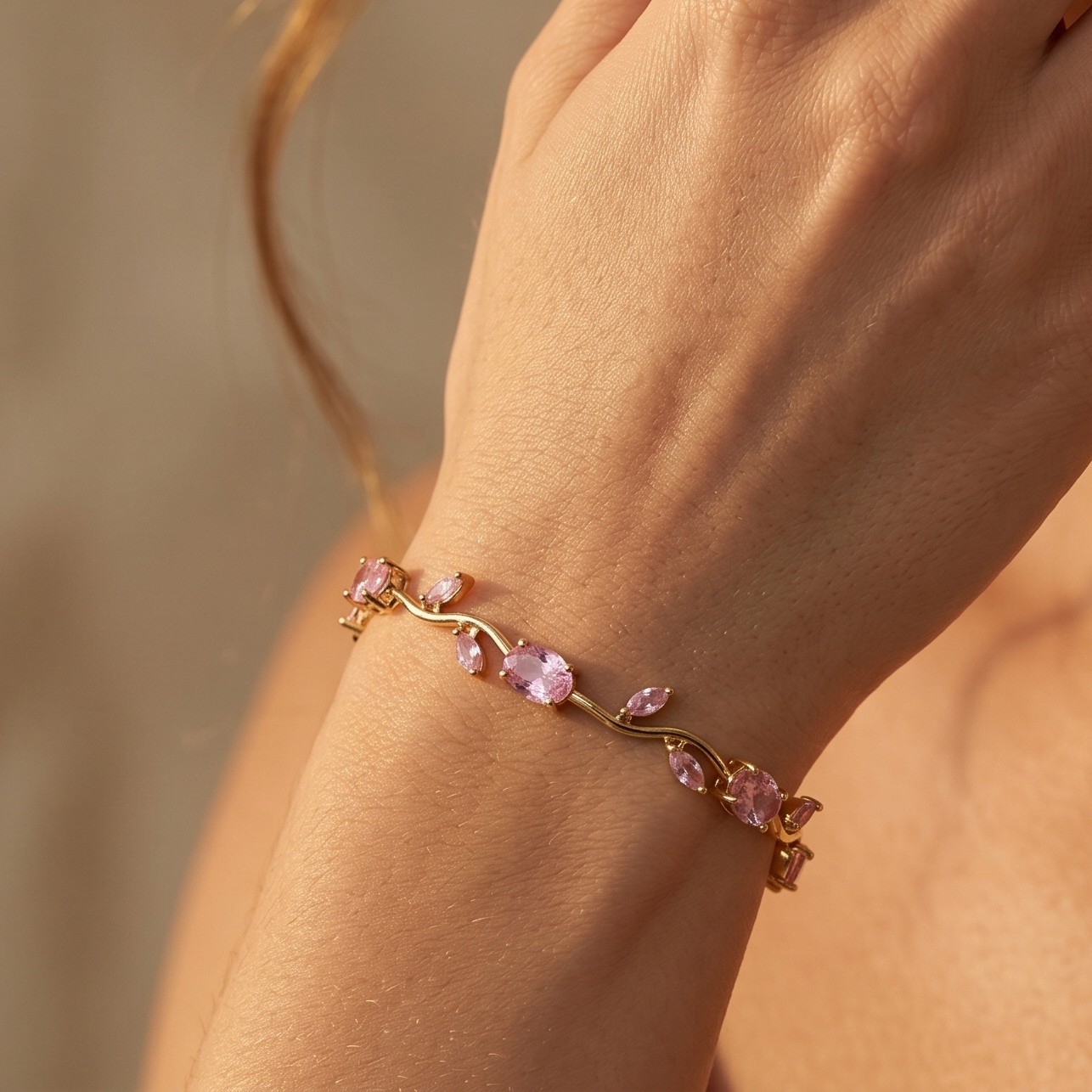 925Sterling Silver Pastel Pink Tulip Bracelet Marquise Cut, Leaf Oval Stone Link