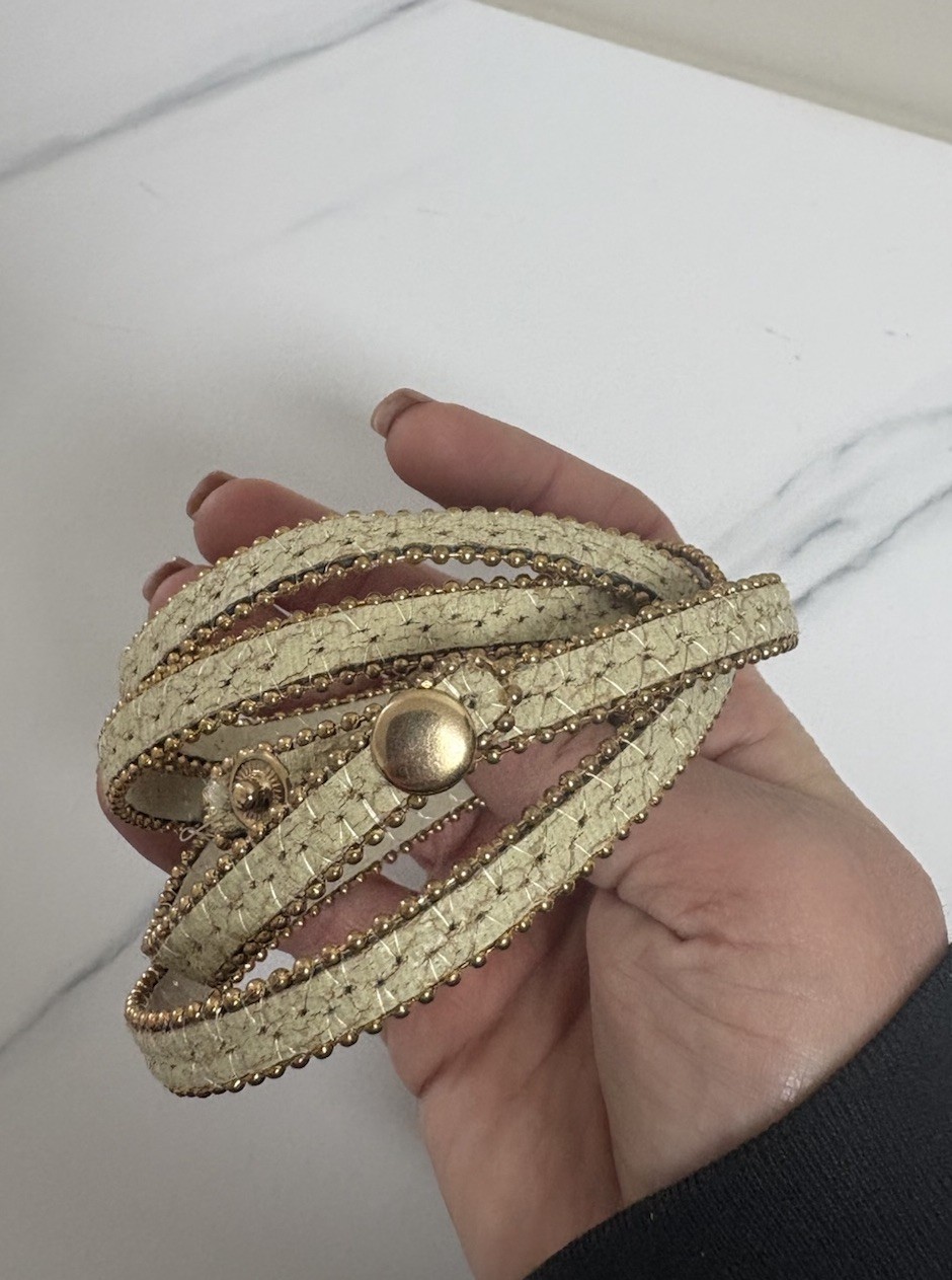 Gold Toned Beaded Multi Wrap Faux Leather Bracelet Neutral Boho Snap Closure