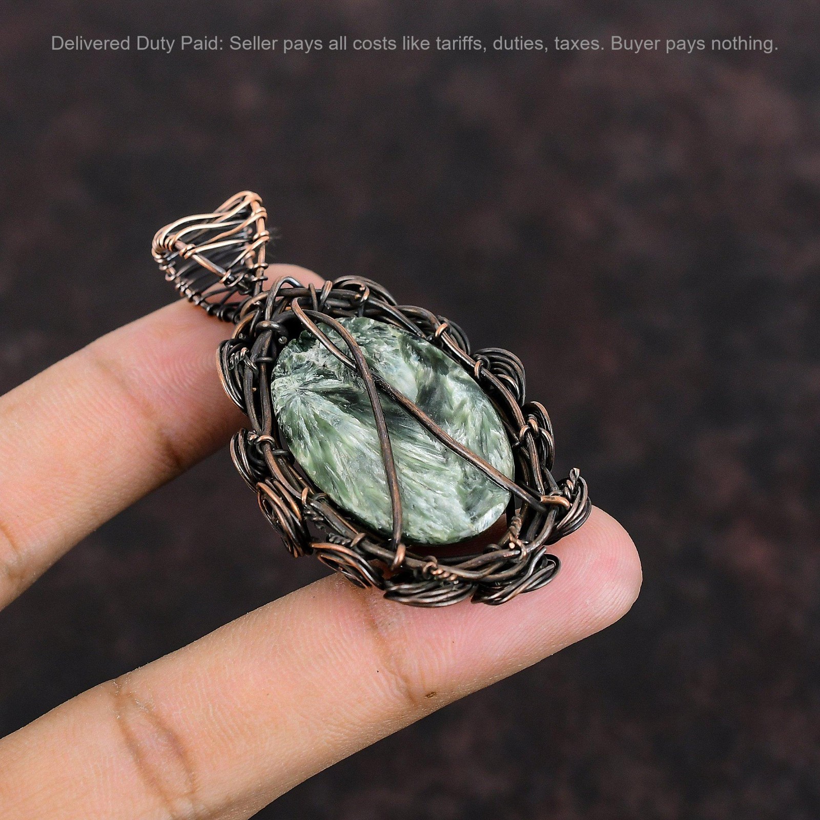 Valentines Sale Seraphinite Stone Copper New Wire Wrapped Flower Pendant Jewelry