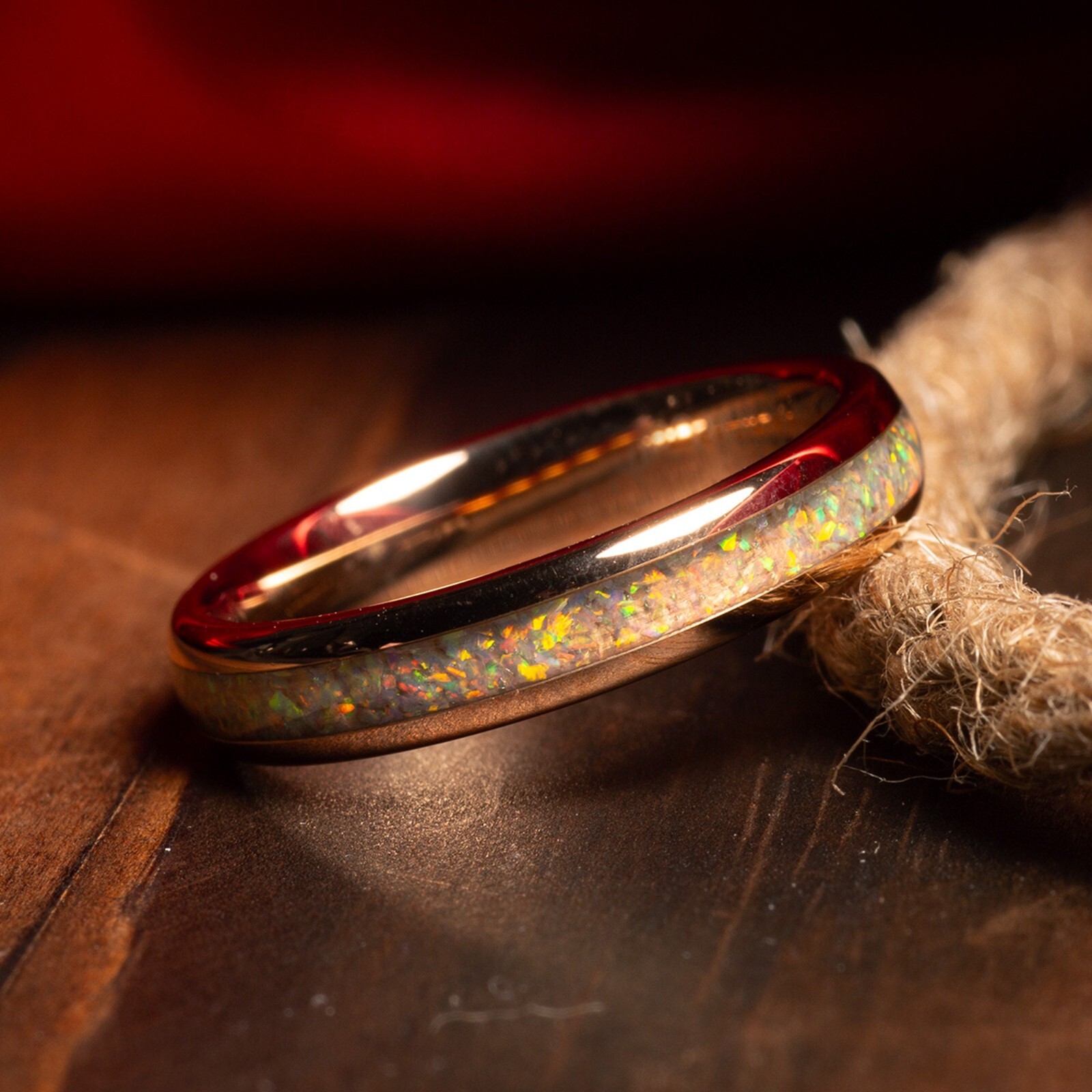 Fire Opal Couples Ring Set, Rose Gold Match His and Hers Tungsten Wedding Bands