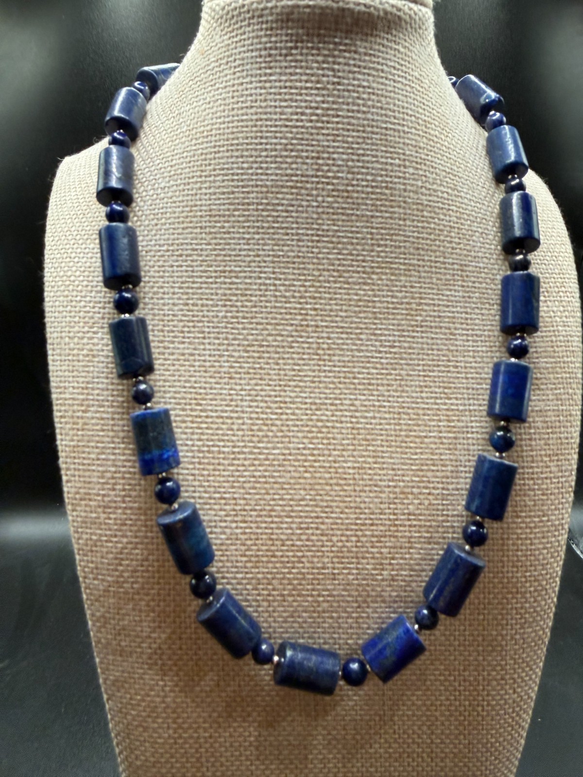 Natural Lapis Lazuli Bead Necklace Blue Barrel & Round Gemstone Beads Magnetic C