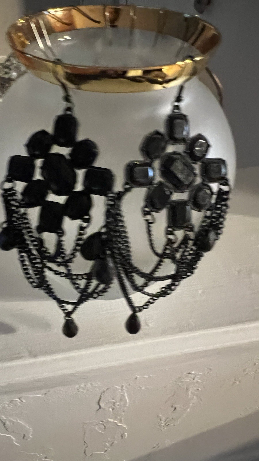 Black Chandelier Dangle Drop Earrings Metal Hook Square Black Stone Color